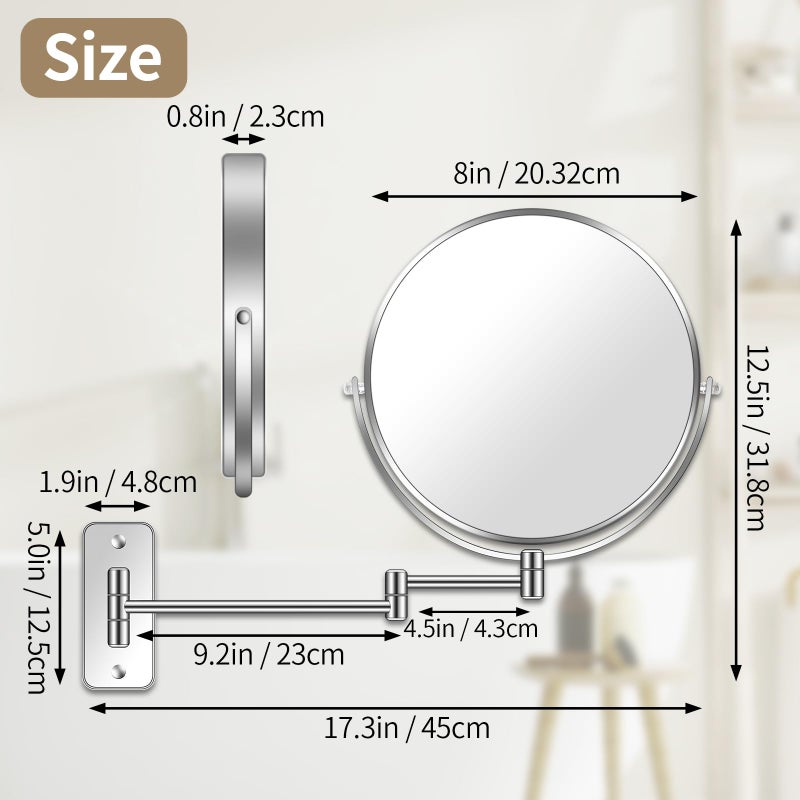 BTremary 8    Wall Mounted Magnifying Makeup Mirror 1X/7X Wall Mount Mirror Swing Arm Two-Sided 360 Swivel Bathroom Shaving Mirror for Men and Women in Hotel/Home, Chrome - Image 5